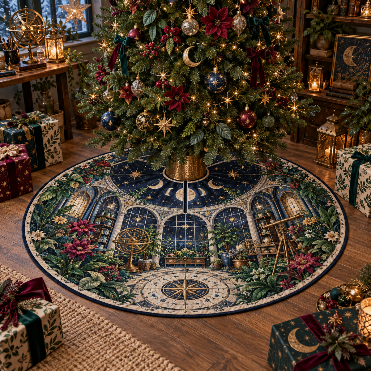 Celestial Garden Hobby Studio Christmas Tree Skirt with flat printed optical 3D creative atelier in indigo jade raspberry marigold and brass