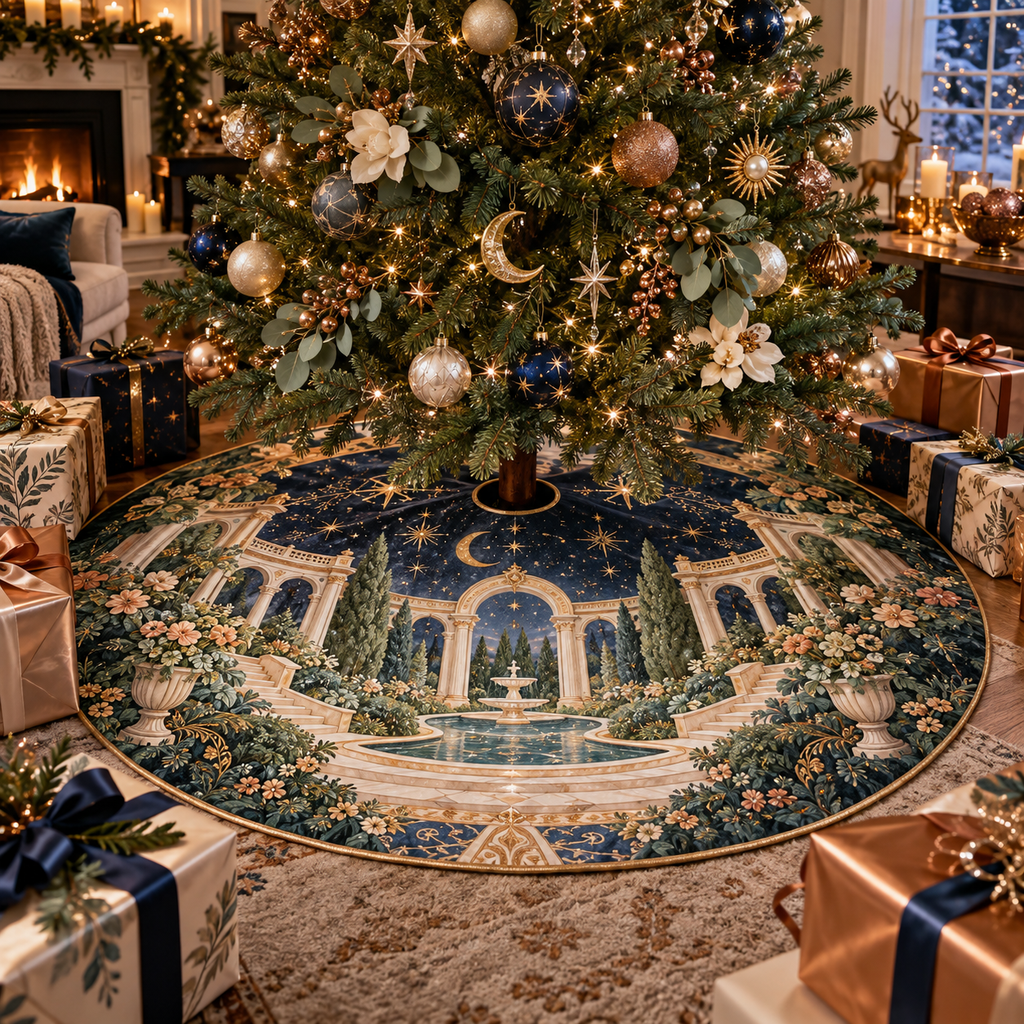 Celestial Garden Host Gift Christmas Tree Skirt with flat printed optical 3D welcoming veranda in sapphire eucalyptus apricot pearl and copper
