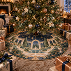 Celestial Garden Host Gift Christmas Tree Skirt with flat printed optical 3D welcoming veranda in sapphire eucalyptus apricot pearl and copper
