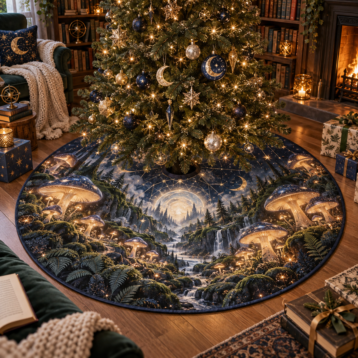 Celestial Mushroom Reading Nook Christmas Tree Skirt with flat printed optical 3D mushroom forest in sapphire moss amber and pearl
