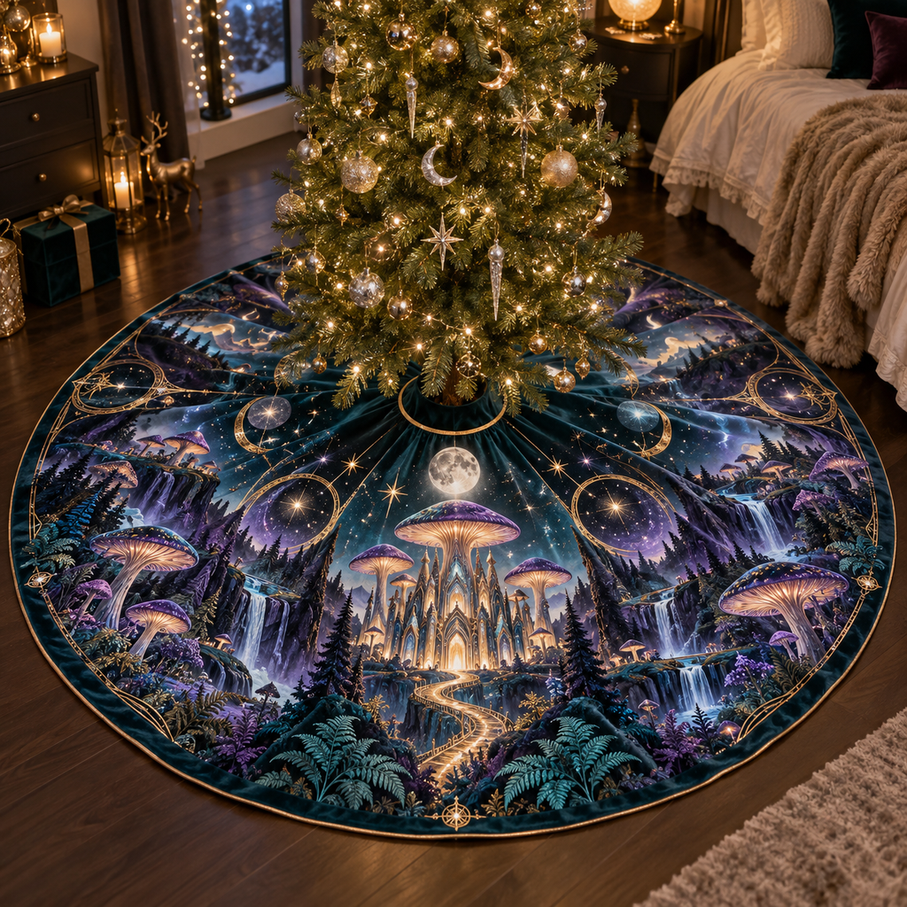 Celestial Mushroom Bedroom Christmas Tree Skirt with flat printed optical 3D mushroom forest in amethyst midnight teal orchid silver and gold