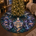 Celestial Mushroom Bedroom Christmas Tree Skirt with flat printed optical 3D mushroom forest in amethyst midnight teal orchid silver and gold