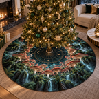 Celestial Mushroom Living Room Christmas Tree Skirt with flat printed optical 3D mushroom forest in coral emerald obsidian cyan and bronze
