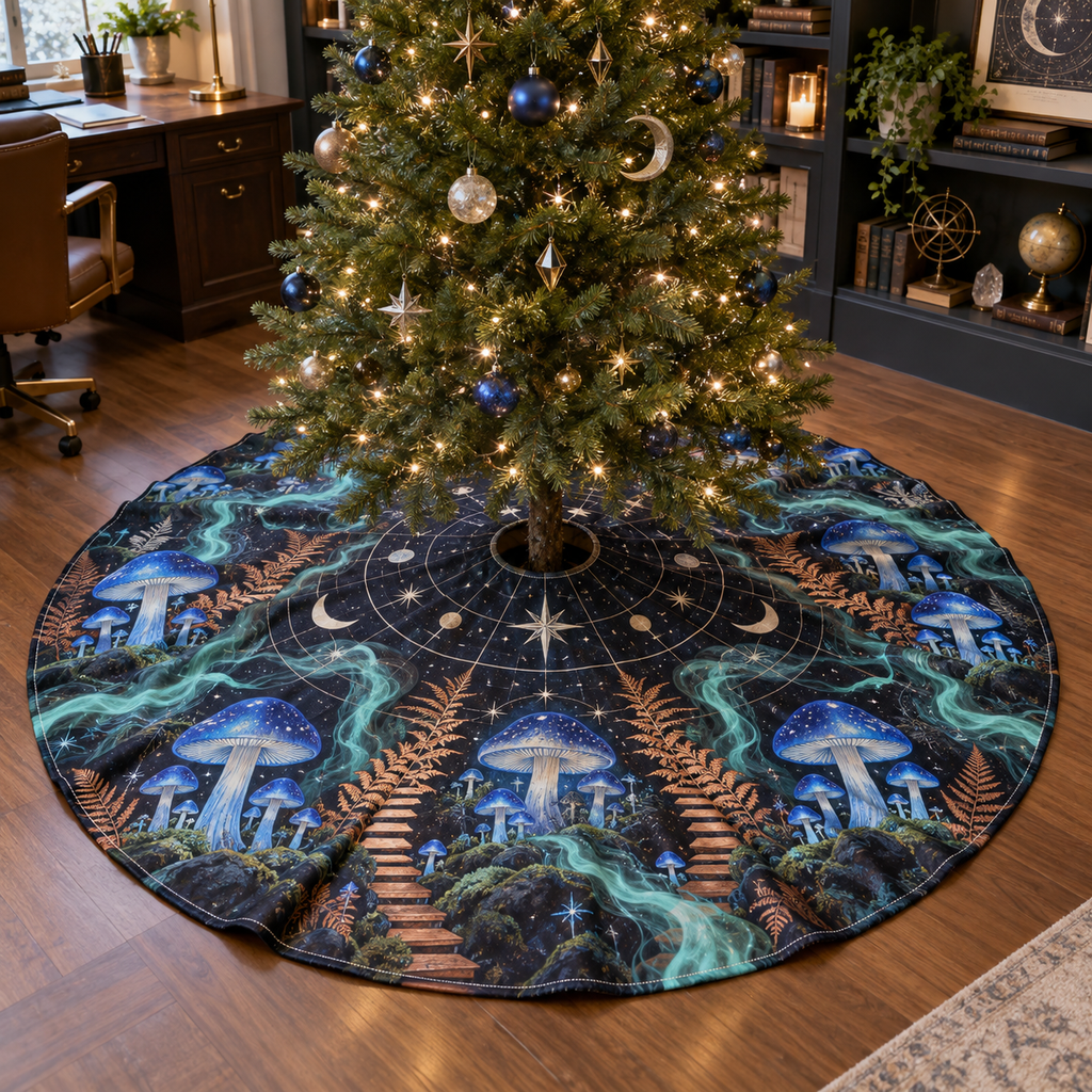 Celestial Mushroom Office Christmas Tree Skirt with flat printed optical 3D mushroom archive in blue copper charcoal jade and ivory