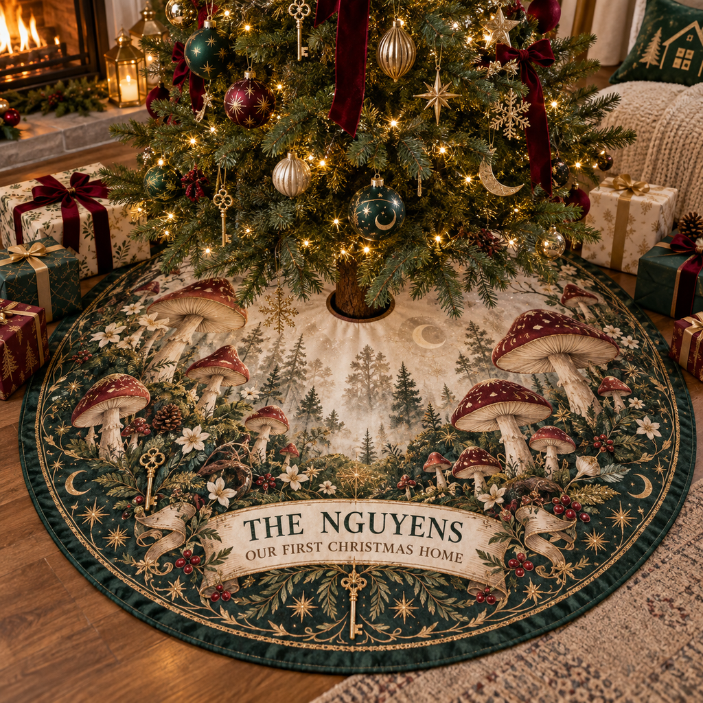 Personalized Celestial Mushroom Christmas Tree Skirt showing The Nguyens within flat printed optical 3D mushroom forest in champagne green burgundy ivory and gold