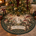 Personalized Celestial Mushroom Christmas Tree Skirt showing The Nguyens within flat printed optical 3D mushroom forest in champagne green burgundy ivory and gold