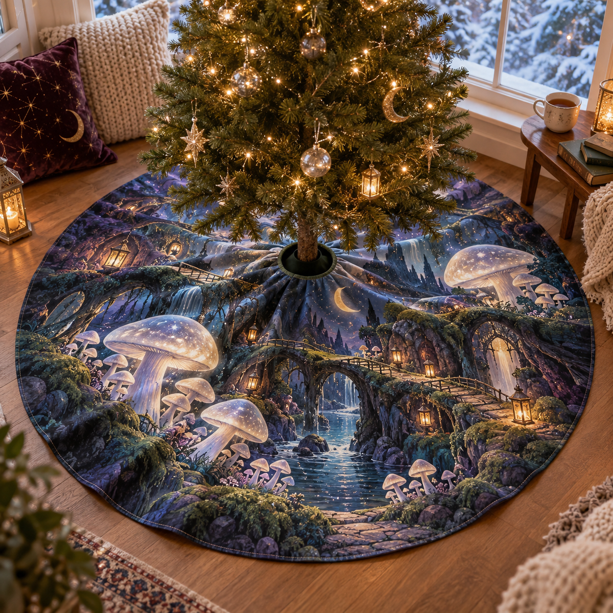 Celestial Mushroom Nook Christmas Tree Skirt with flat printed optical 3D mushroom sanctuary in moonstone blue sage plum and amber