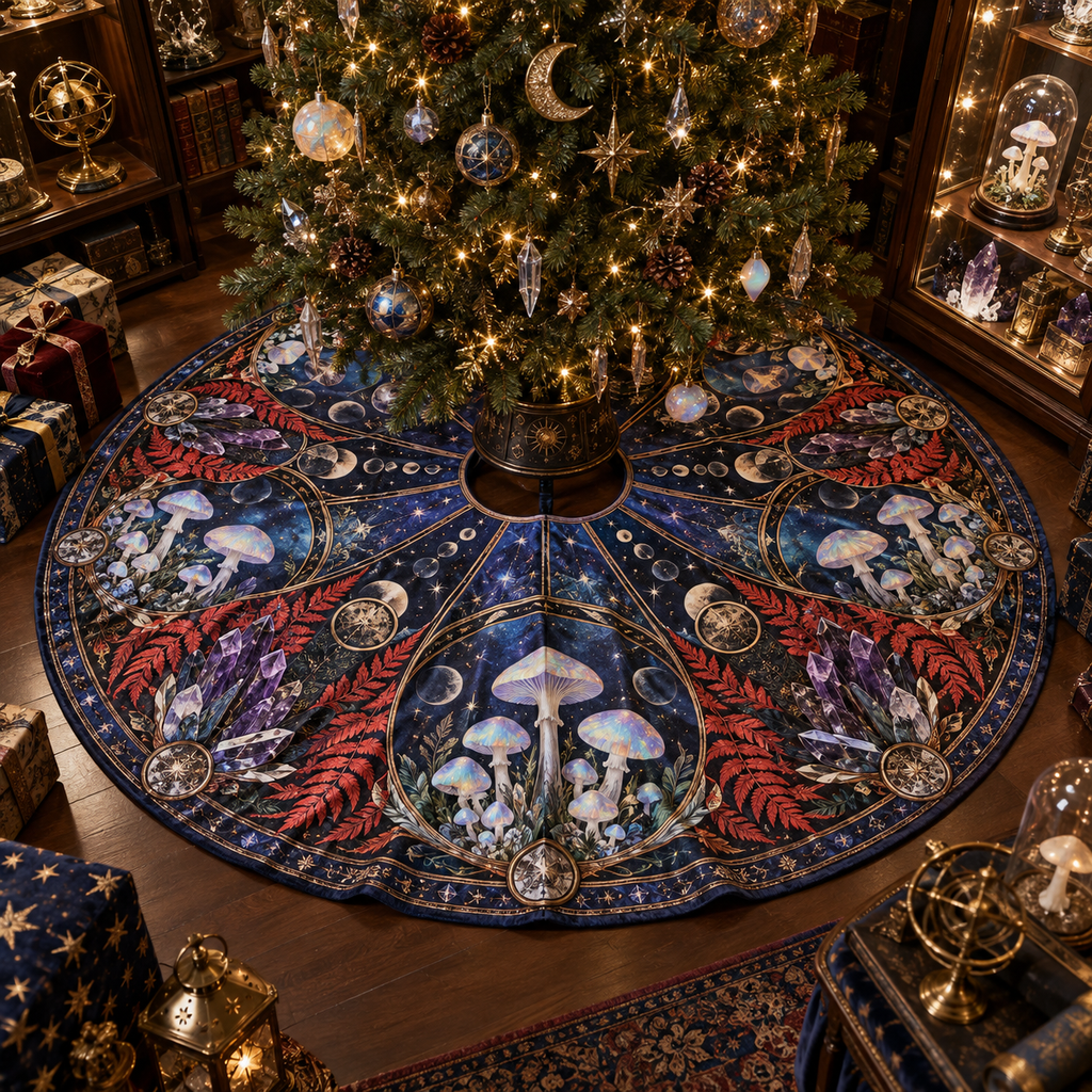 Celestial Mushroom Collector Christmas Tree Skirt with flat printed optical 3D opal mushroom collection in ultramarine vermilion violet and platinum