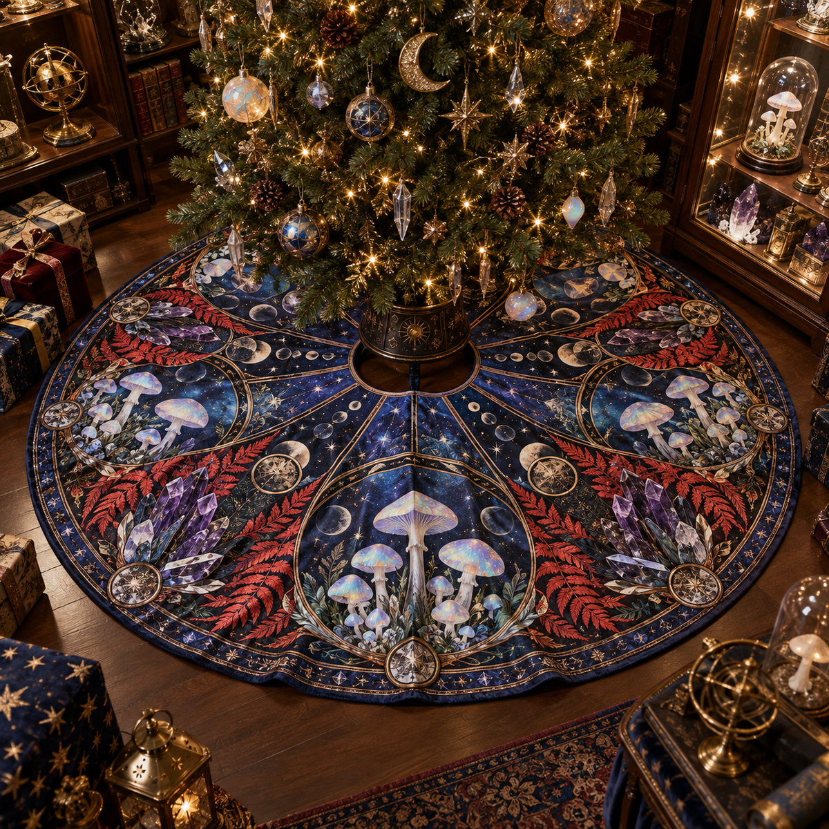 Celestial Mushroom Collector Christmas Tree Skirt with flat printed optical 3D opal mushroom collection in ultramarine vermilion violet and platinum