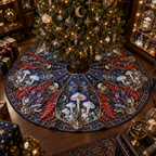 Celestial Mushroom Collector Christmas Tree Skirt with flat printed optical 3D opal mushroom collection in ultramarine vermilion violet and platinum