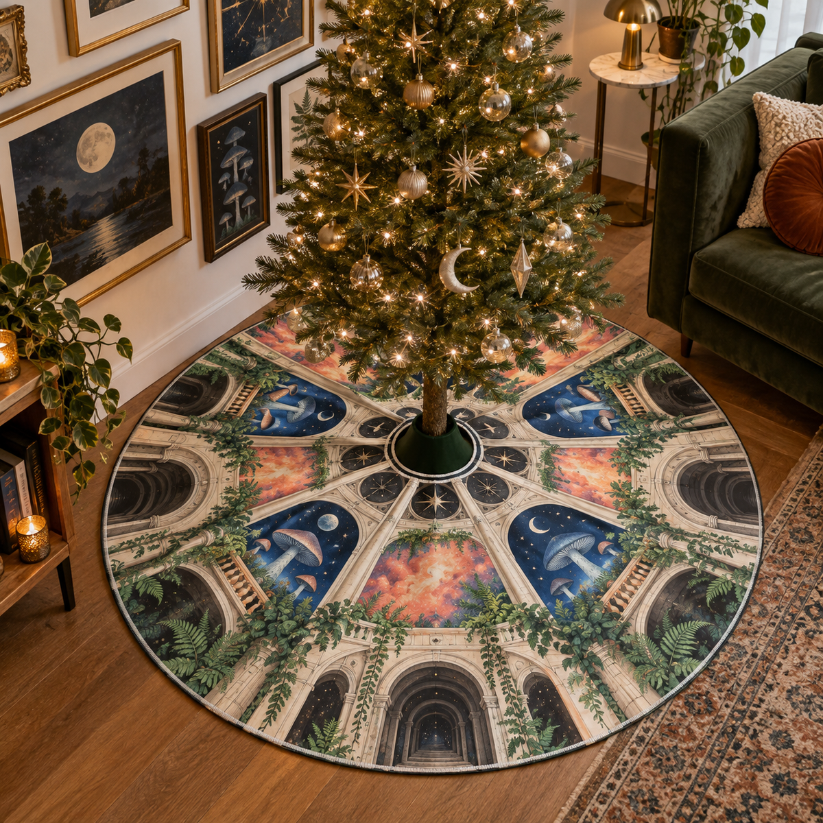 Celestial Mushroom Apartment Christmas Tree Skirt with flat printed optical 3D mushroom gallery in cobalt coral mint cream and graphite
