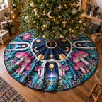 Celestial Mushroom Studio Christmas Tree Skirt with flat printed optical 3D maker studio in magenta turquoise navy saffron and white