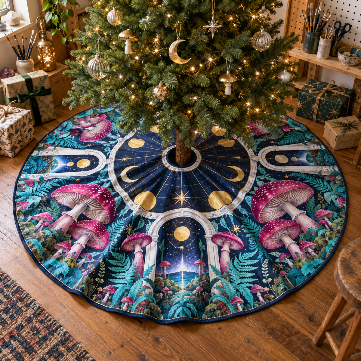 Celestial Mushroom Studio Christmas Tree Skirt with flat printed optical 3D maker studio in magenta turquoise navy saffron and white