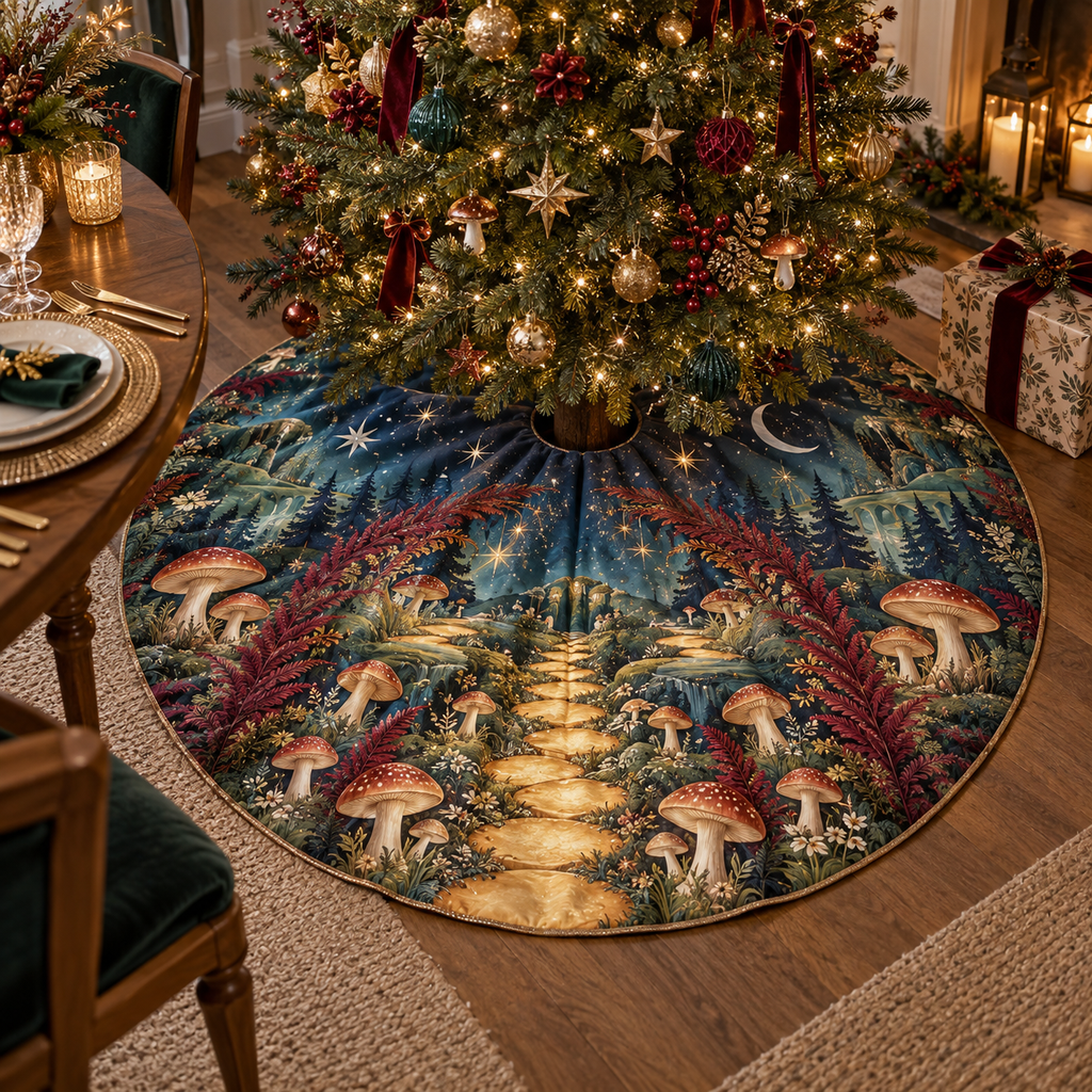 Celestial Mushroom Host Gift Christmas Tree Skirt with flat printed optical 3D welcome path in honey gold peacock garnet celadon and pearl