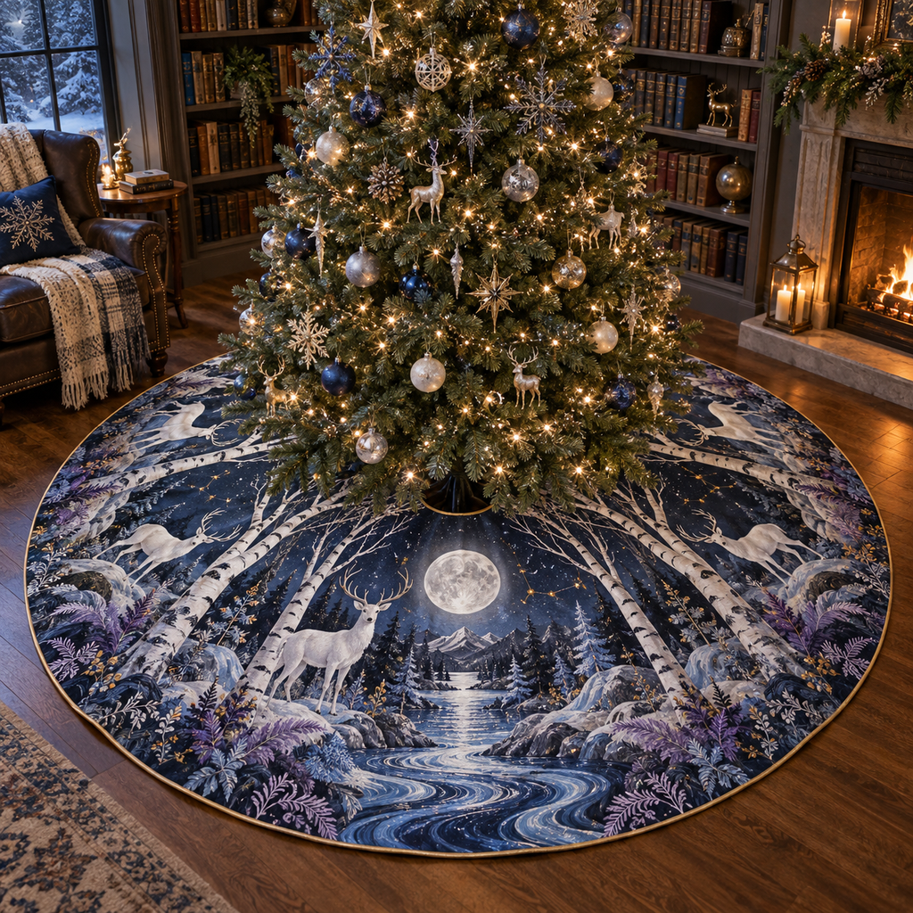 Moonlit White Stag Christmas Tree Skirt with flat printed optical 3D white stag forest in midnight blue silver frost blue violet and gold