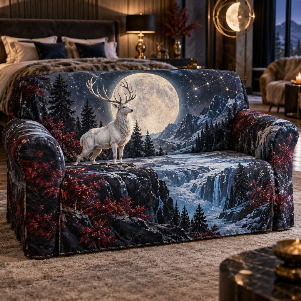 Moonlit White Stag Bedroom Christmas Tree Skirt with flat printed optical 3D white stag forest in obsidian pearl sapphire ruby and champagne