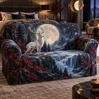 Moonlit White Stag Bedroom Christmas Tree Skirt with flat printed optical 3D white stag forest in obsidian pearl sapphire ruby and champagne