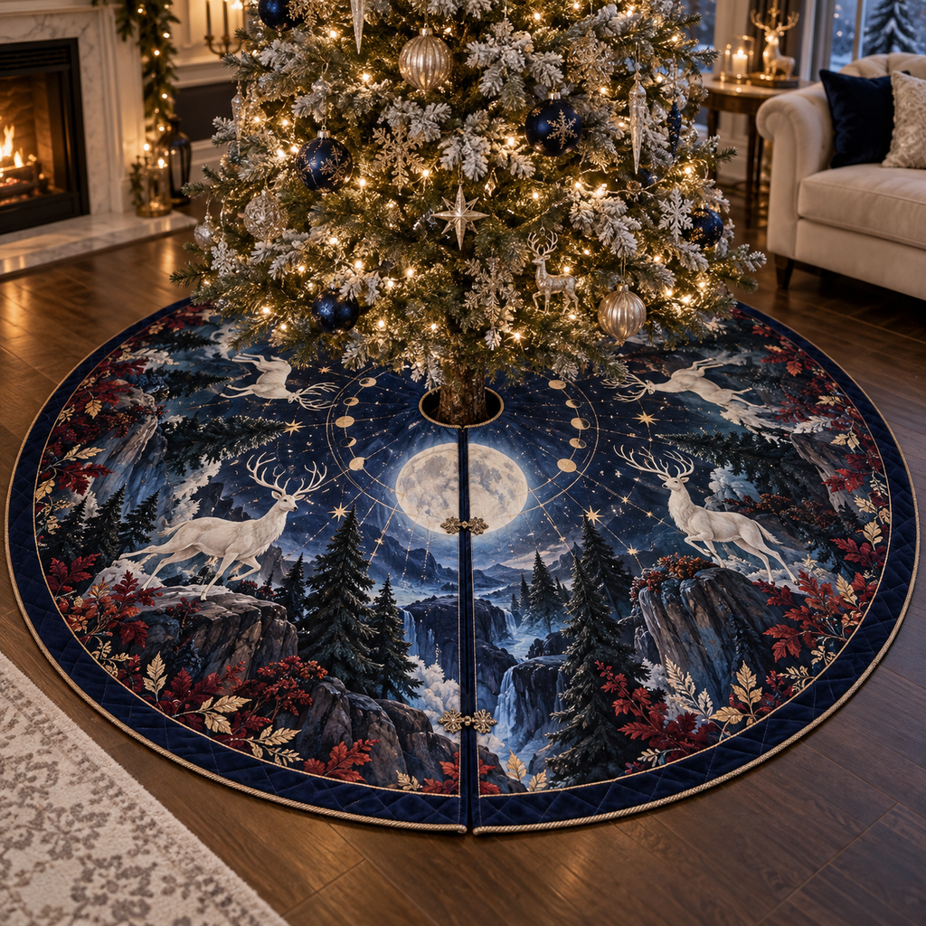 Moonlit White Stag Living Room Christmas Tree Skirt with flat printed optical 3D white stag forest in obsidian sapphire garnet pearl and champagne