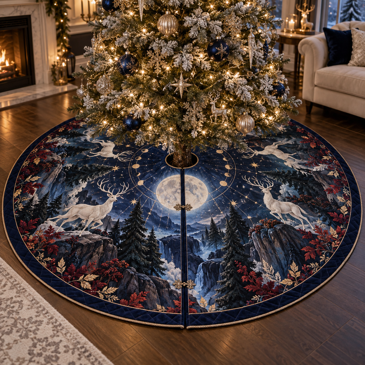 Moonlit White Stag Living Room Christmas Tree Skirt with flat printed optical 3D white stag forest in obsidian sapphire garnet pearl and champagne
