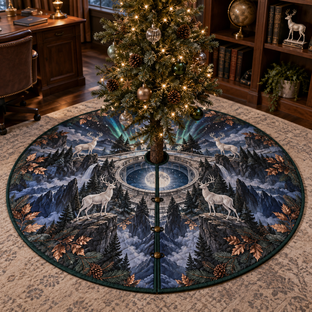 Moonlit White Stag Home Office Christmas Tree Skirt with flat printed optical 3D stag scene in charcoal moonstone cobalt copper and pine green