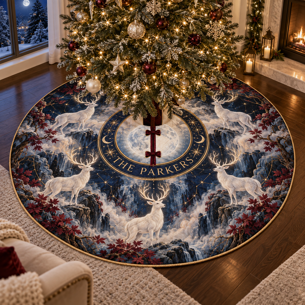 Personalized Moonlit White Stag Christmas Tree Skirt showing The Parkers within flat printed optical 3D stag forest in moonstone ivory cobalt wine and gold