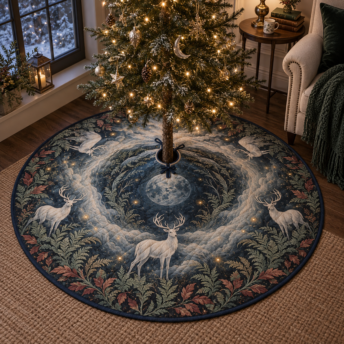 Moonlit White Stag Quiet Corner Christmas Tree Skirt with flat printed optical 3D stag grotto in ink blue ivory sage rosewood and antique gold
