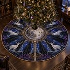 Moonlit White Stag Collector Christmas Tree Skirt with flat printed optical 3D stag astrolabe scene in ebony silver ultramarine amethyst and bronze