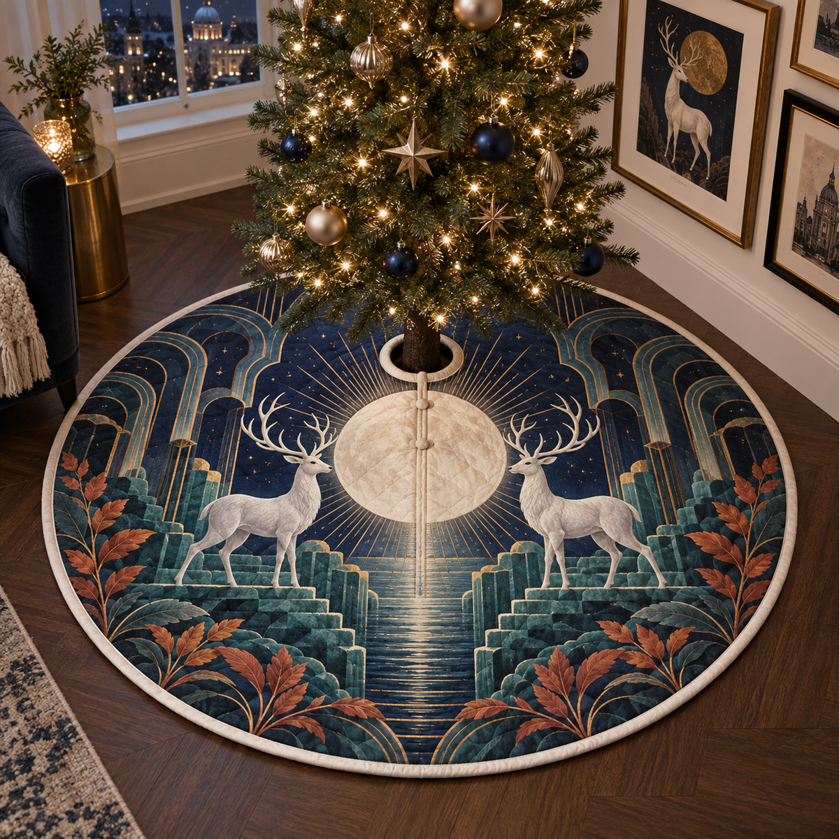 Moonlit White Stag Gallery Wall Christmas Tree Skirt with flat printed optical 3D Art Deco stag scene in midnight navy alabaster teal terracotta and brass