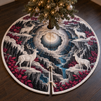 Moonlit White Stag Studio Christmas Tree Skirt with flat printed optical 3D paper cut stag scene in charcoal white cyan magenta and ochre