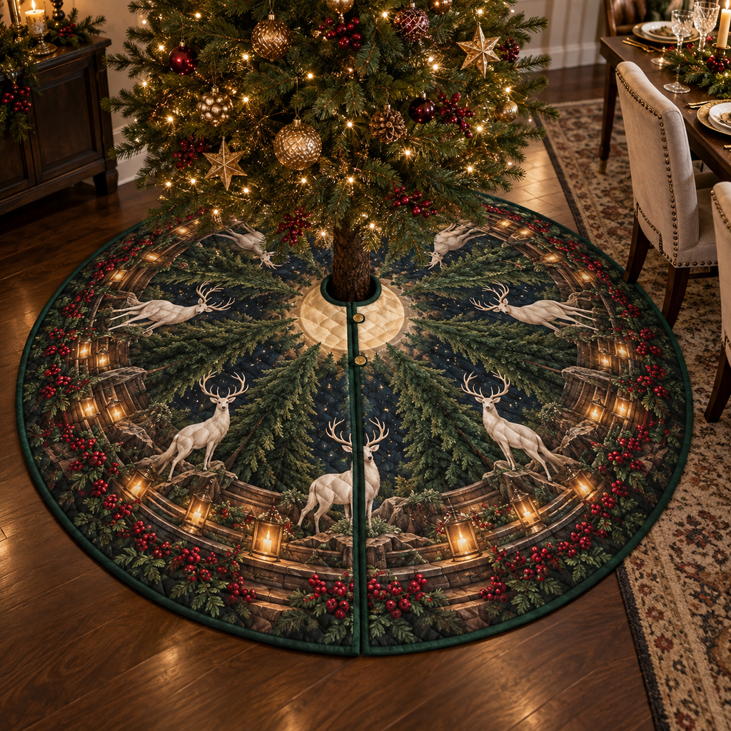 Moonlit White Stag Host Gift Christmas Tree Skirt with flat printed optical 3D welcoming stag scene in forest green cream cranberry walnut and candle gold