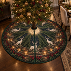Moonlit White Stag Host Gift Christmas Tree Skirt with flat printed optical 3D welcoming stag scene in forest green cream cranberry walnut and candle gold