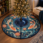 Celestial Koi Reading Nook Christmas Tree Skirt with flat printed optical 3D koi moon pool in deep indigo pearl white coral turquoise and gold