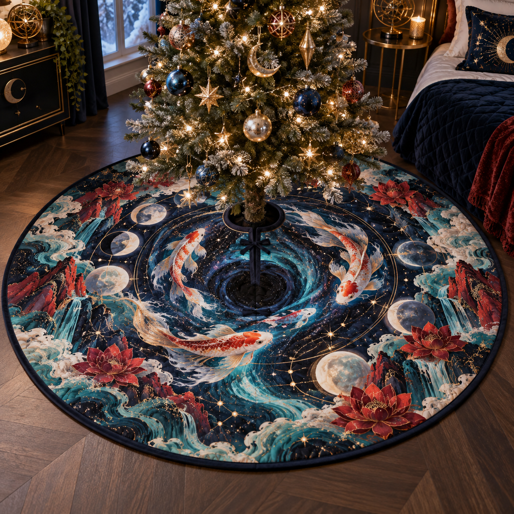 Celestial Koi Bedroom Christmas Tree Skirt with flat printed optical 3D koi abyss in black sapphire opal vermilion aqua and rose gold