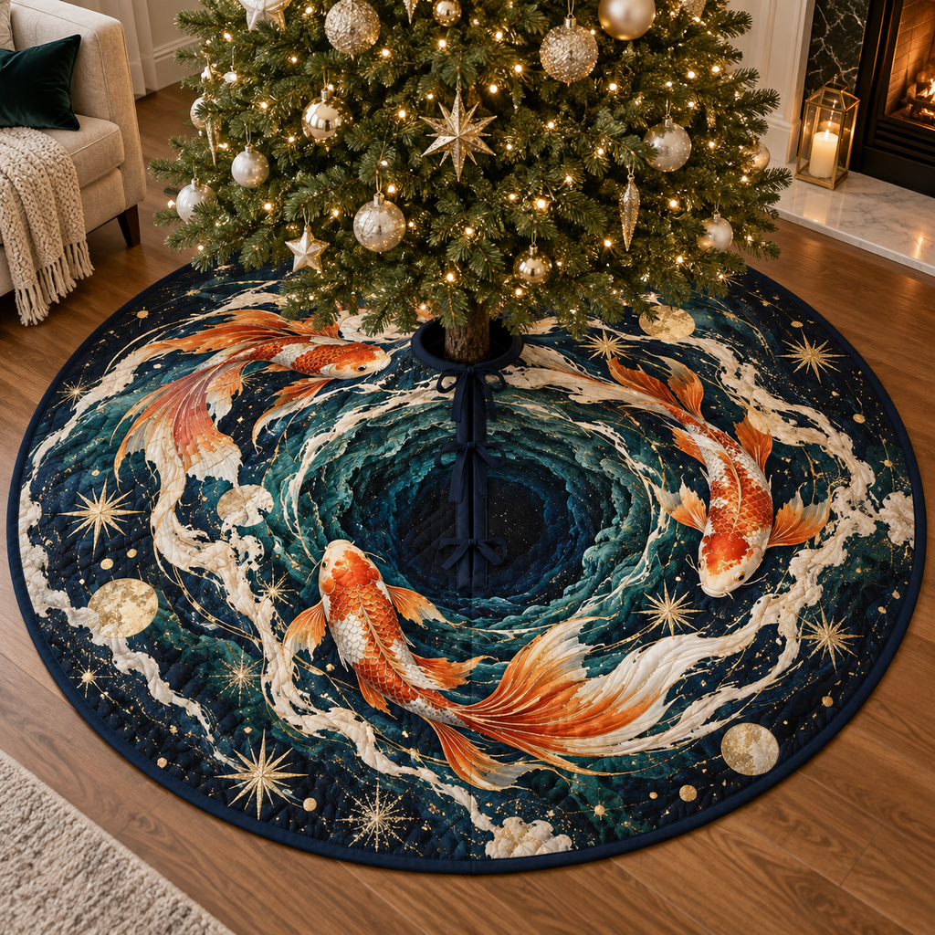 Celestial Koi Living Room Christmas Tree Skirt with flat printed optical 3D koi portal in navy ivory emerald orange and champagne