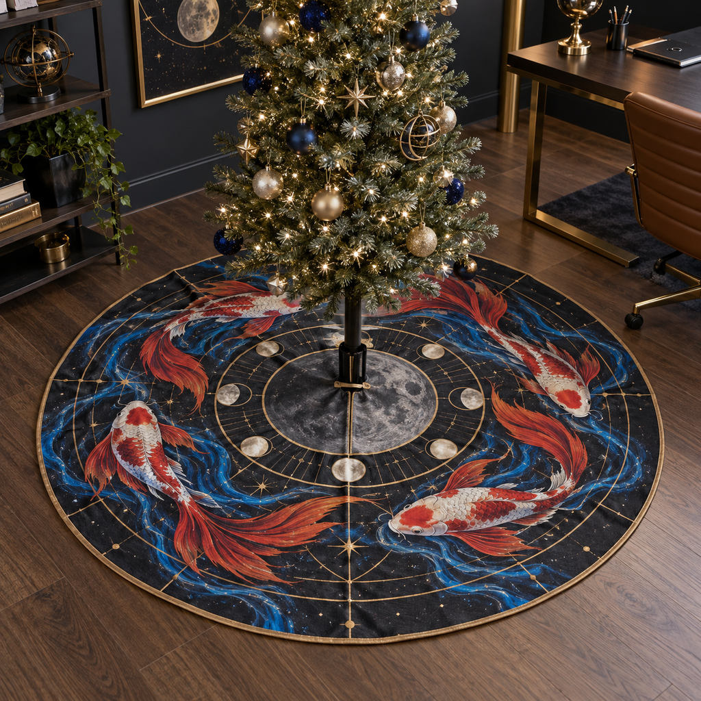 Celestial Koi Home Office Christmas Tree Skirt with flat printed optical 3D koi corridor in graphite pearl electric blue cinnabar and brass