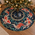 Personalized Celestial Koi Christmas Tree Skirt showing The Nguyens within flat printed optical 3D koi pool in midnight blue pearl coral red jade and gold