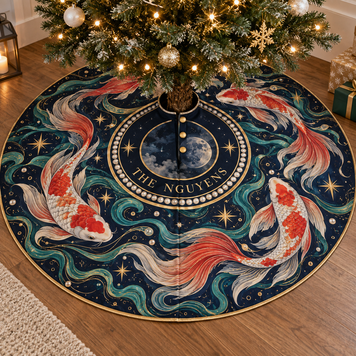 Personalized Celestial Koi Christmas Tree Skirt showing The Nguyens within flat printed optical 3D koi pool in midnight blue pearl coral red jade and gold