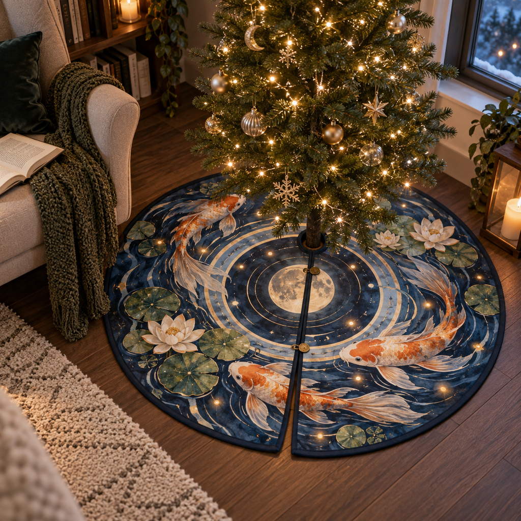 Celestial Koi Quiet Corner Christmas Tree Skirt with flat printed optical 3D koi pond in twilight blue cream moss tangerine and soft gold