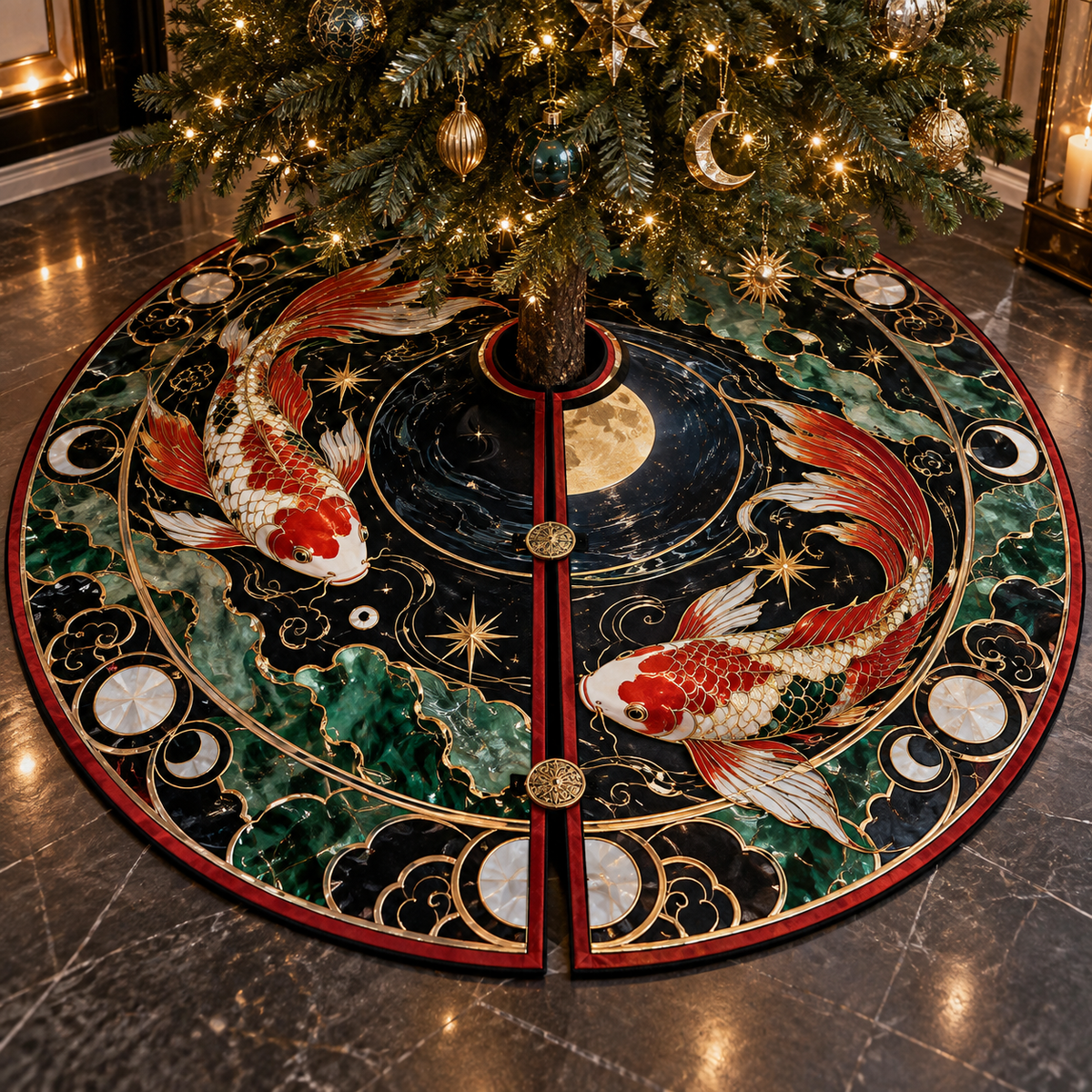 Celestial Koi Collector Christmas Tree Skirt with flat printed optical 3D cloisonne koi in lacquer black porcelain vermilion jade and gold