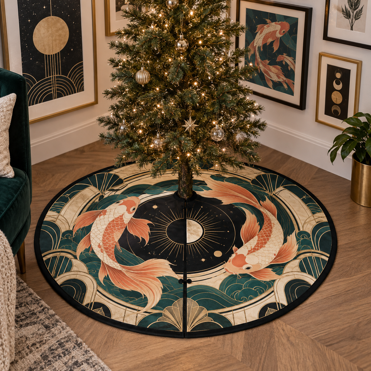 Celestial Koi Gallery Wall Christmas Tree Skirt with flat printed optical 3D Art Deco koi in ink ivory salmon teal and brass