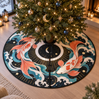Celestial Koi Studio Christmas Tree Skirt with flat printed optical 3D paper cut koi in black white cyan coral and yellow