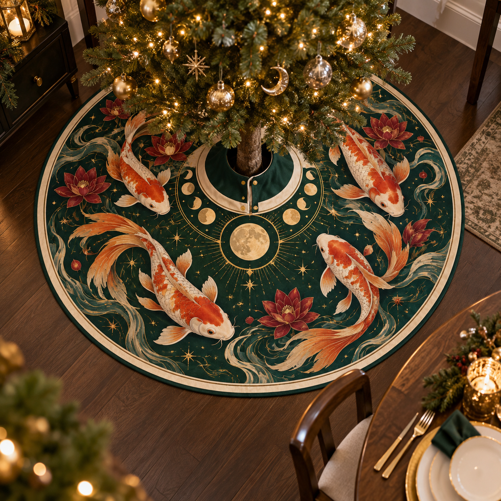 Celestial Koi Host Gift Christmas Tree Skirt with flat printed optical 3D koi pond in deep green cream orange garnet and gold