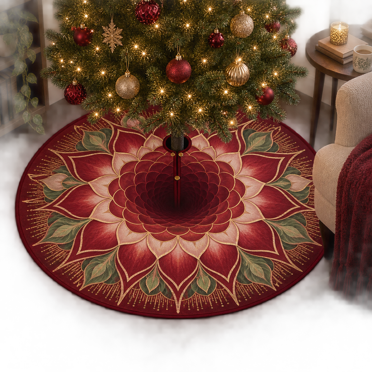 Red Lotus Mandala Reading Nook Christmas Tree Skirt with flat printed optical 3D lotus mandala in crimson burgundy blush sage and antique gold