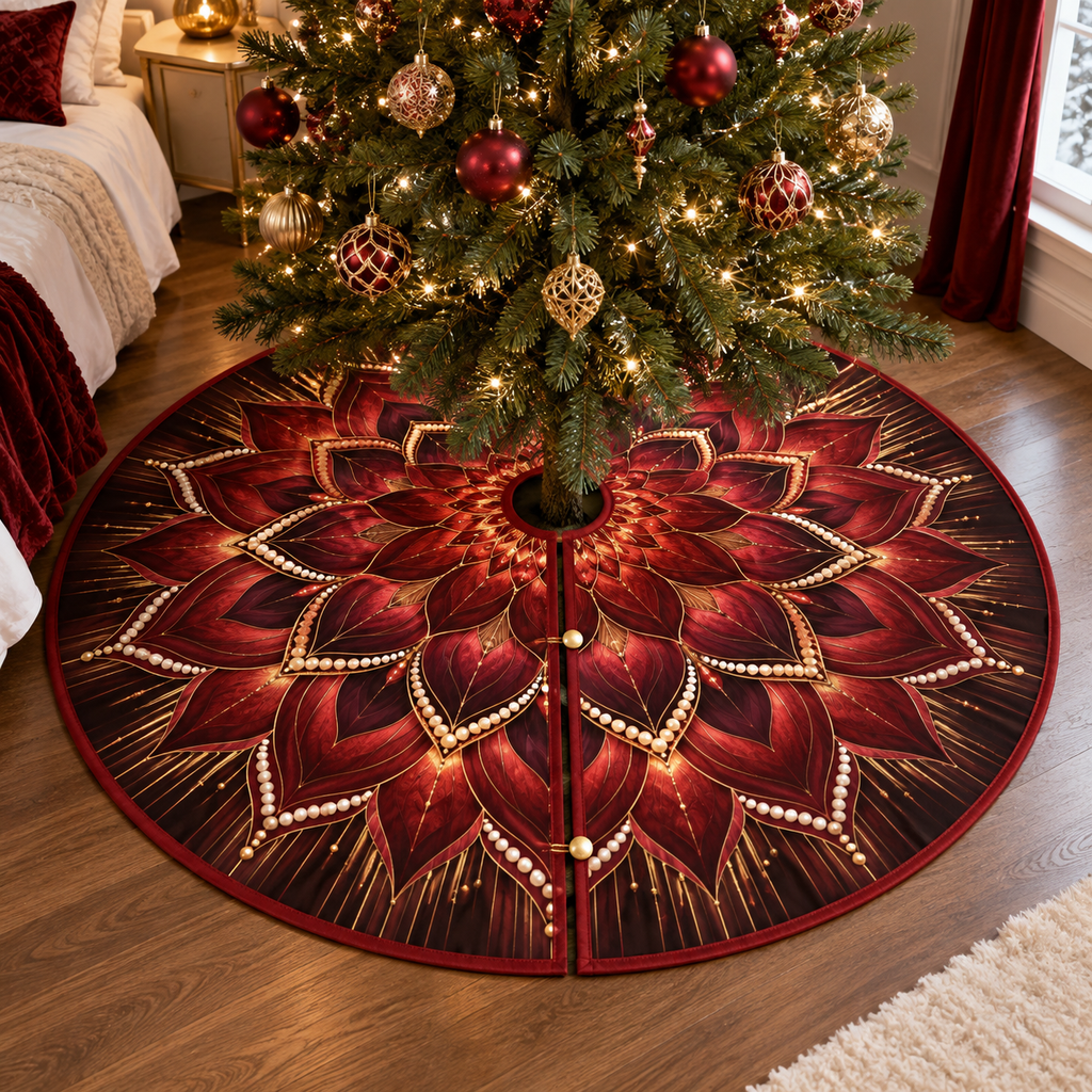 Red Lotus Mandala Bedroom Christmas Tree Skirt with flat printed optical 3D lotus mandala in oxblood ruby pearl plum and gold