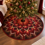 Red Lotus Mandala Bedroom Christmas Tree Skirt with flat printed optical 3D lotus mandala in oxblood ruby pearl plum and gold