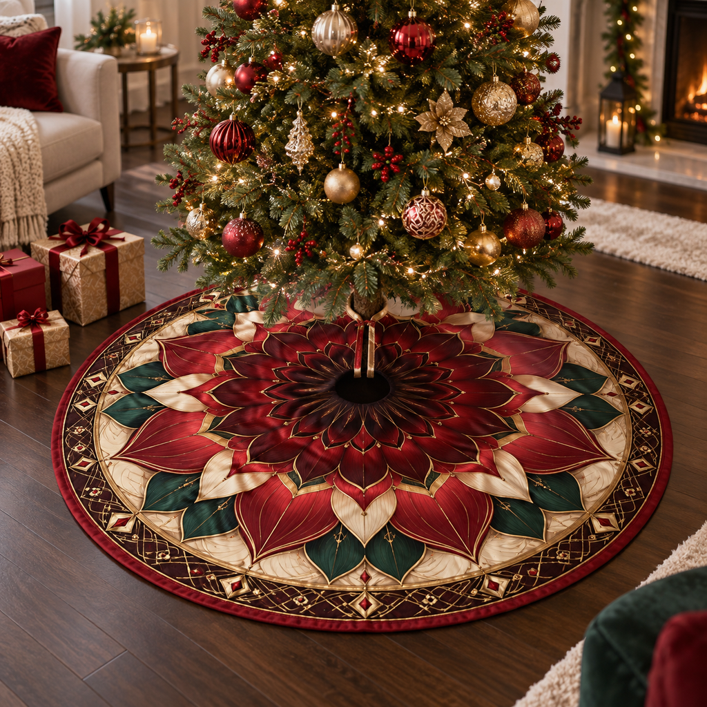 Red Lotus Mandala Living Room Christmas Tree Skirt with flat printed optical 3D lotus mandala in scarlet black cherry ivory emerald and champagne gold