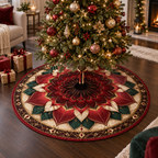 Red Lotus Mandala Living Room Christmas Tree Skirt with flat printed optical 3D lotus mandala in scarlet black cherry ivory emerald and champagne gold