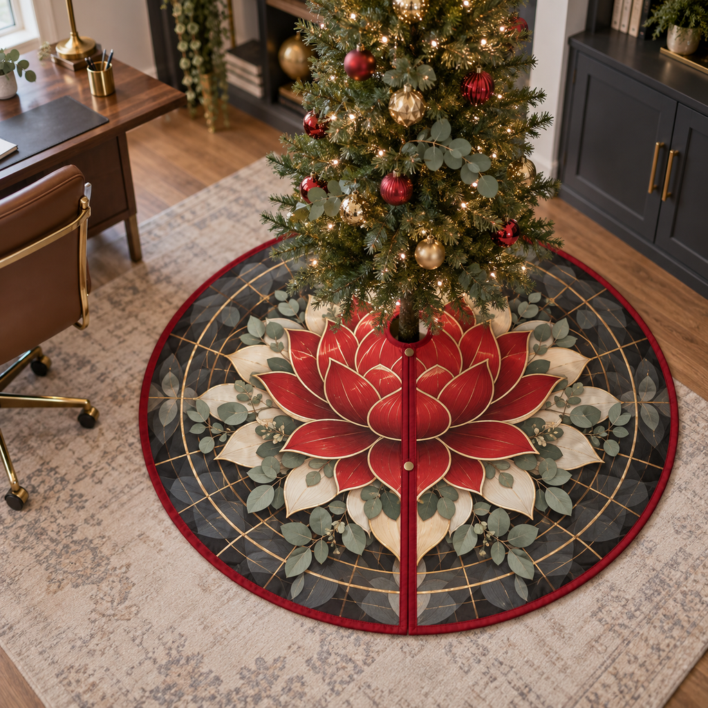 Red Lotus Mandala Home Office Christmas Tree Skirt with flat printed optical 3D lotus mandala in charcoal cardinal red ivory eucalyptus and brass
