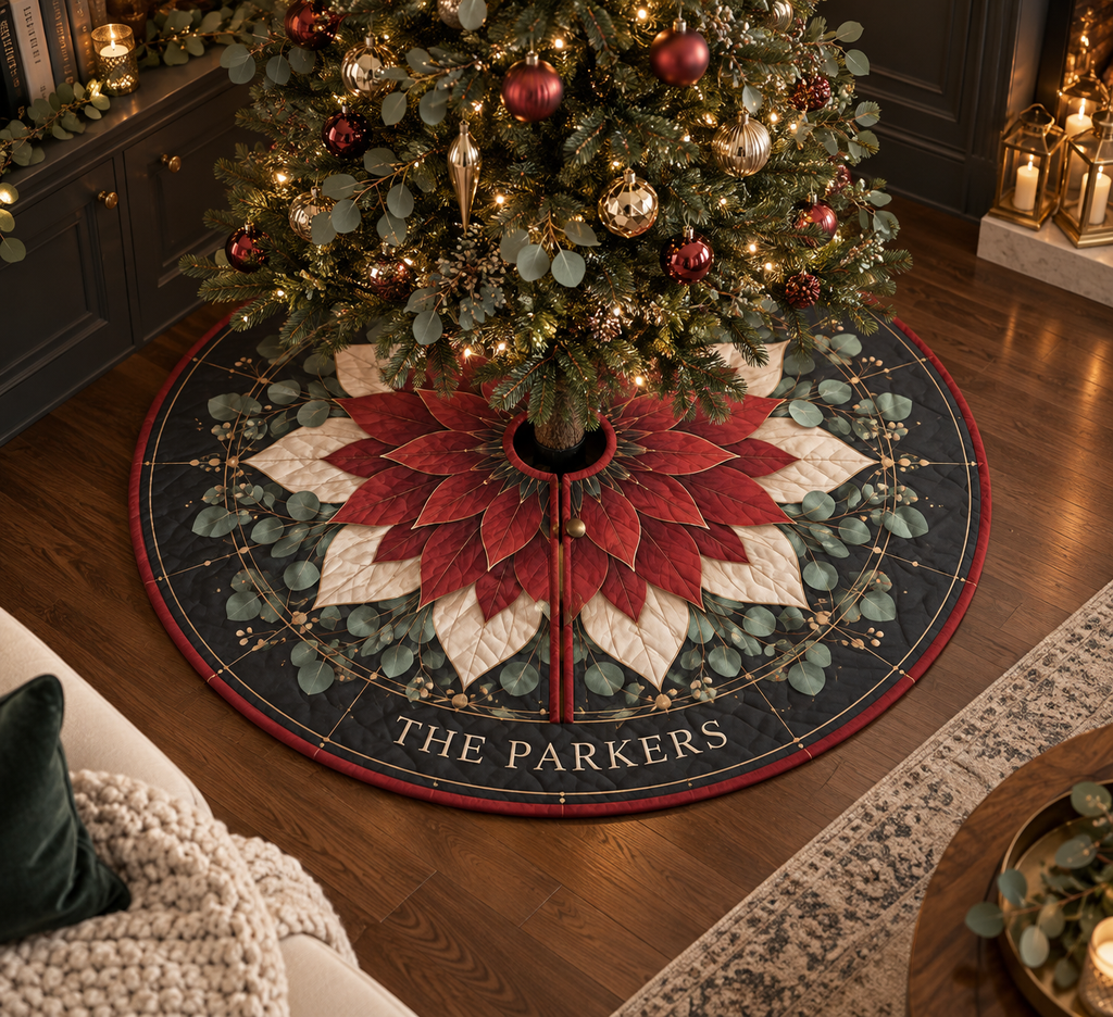 Personalized Red Lotus Mandala Christmas Tree Skirt showing The Parkers within flat printed optical 3D lotus tunnel in charcoal cardinal red ivory eucalyptus and brass