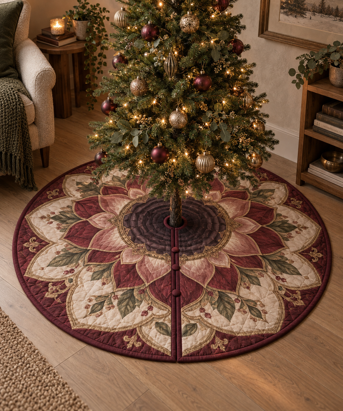 Red Lotus Mandala Quiet Corner Christmas Tree Skirt with flat printed optical 3D lotus tunnel in oxblood dusty rose parchment sage and antique gold
